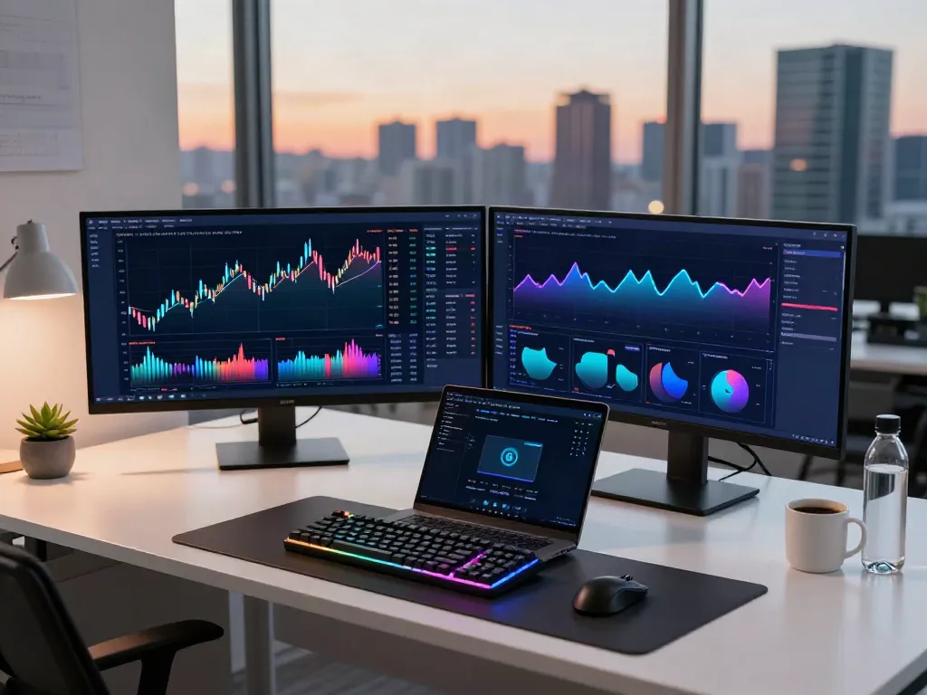 Dynamic cryptocurrency trading setup for real-time market analysis - 日経平均 リアルタイム API dashboard, advanced charts, and a crypto wallet in a modern office.