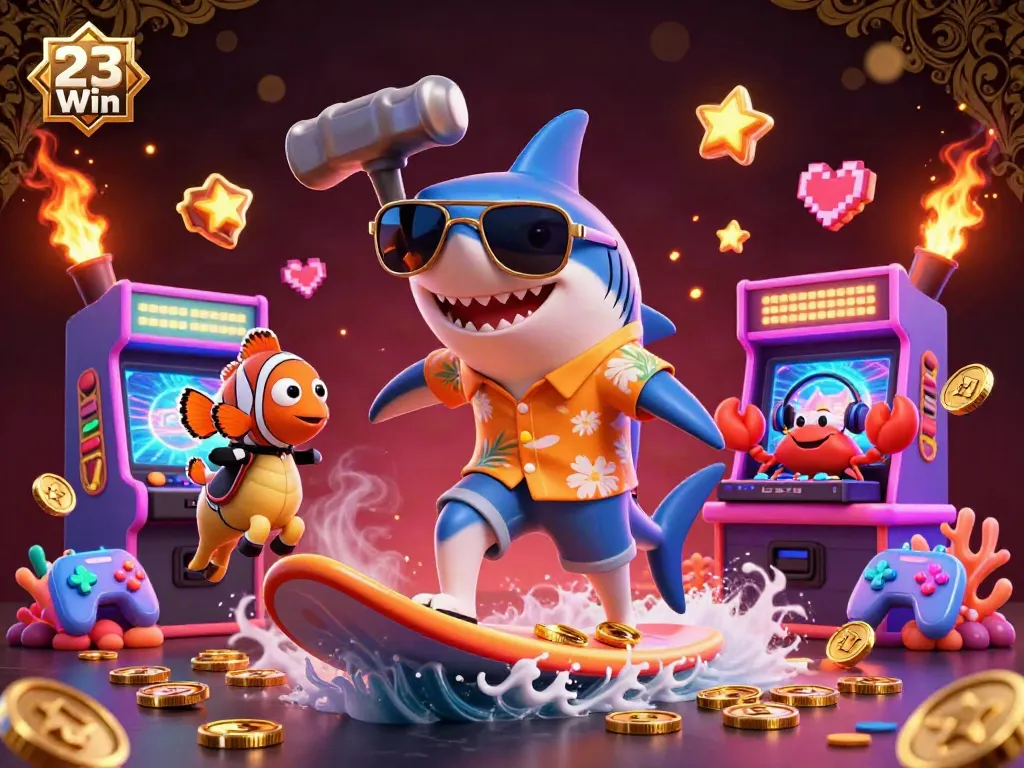 Experience the thrill of 23Win casino gaming with a vibrant, dynamic 3D illustration of fun characters.