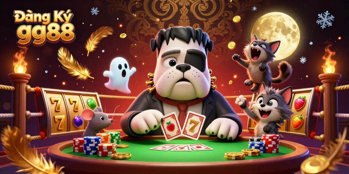 Experience exciting card games with Đăng Ký gg88 as the Frankenstein bulldog dealer captivates players in a vibrant casino setting.