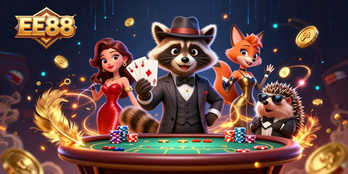 Experience the thrill of EE88 with a raccoon championing poker at a vibrant casino scene.