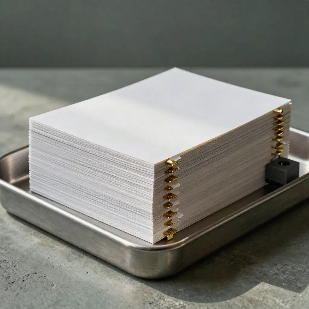 Blank form sheets, aluminum tray, brass posts and tabs on a concrete surface in soft morning light.