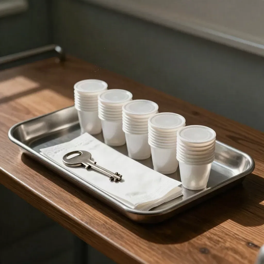 Steel intake tray with specimen cups, gauze packs, and clip organizer on a walnut shelf.