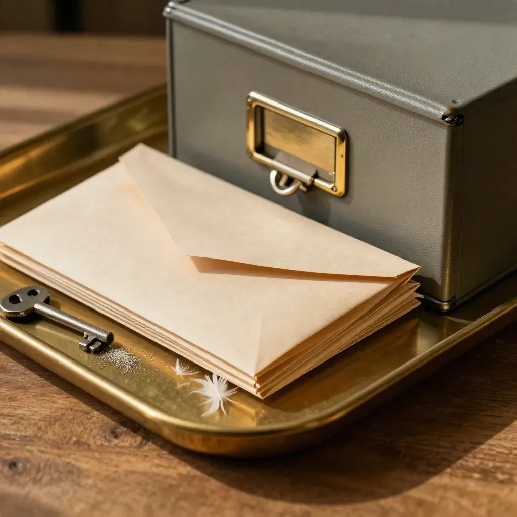 Macro of office trays, seal press and archive box as an envelope slides into approval routing.