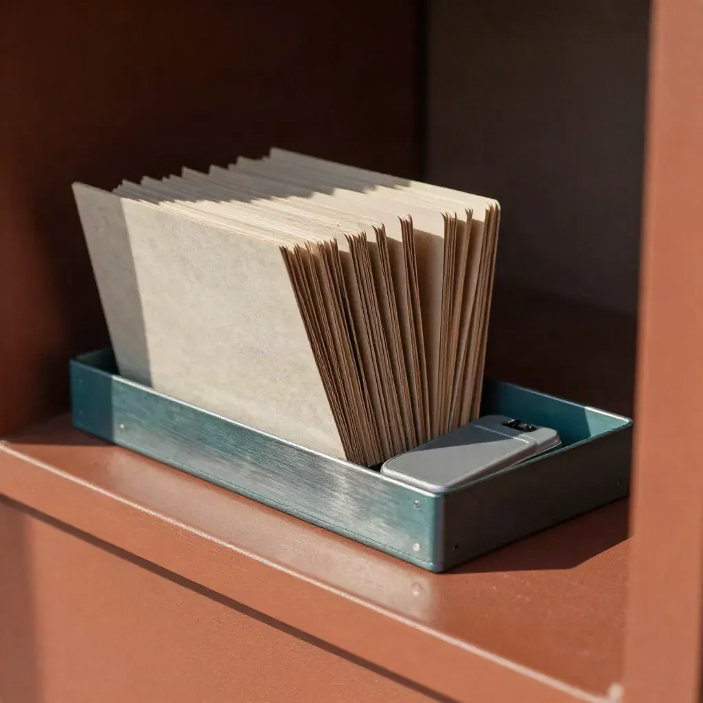 Ticket tray, modular file sleeves, metal dock and keycard sleeve on a terracotta ledge.