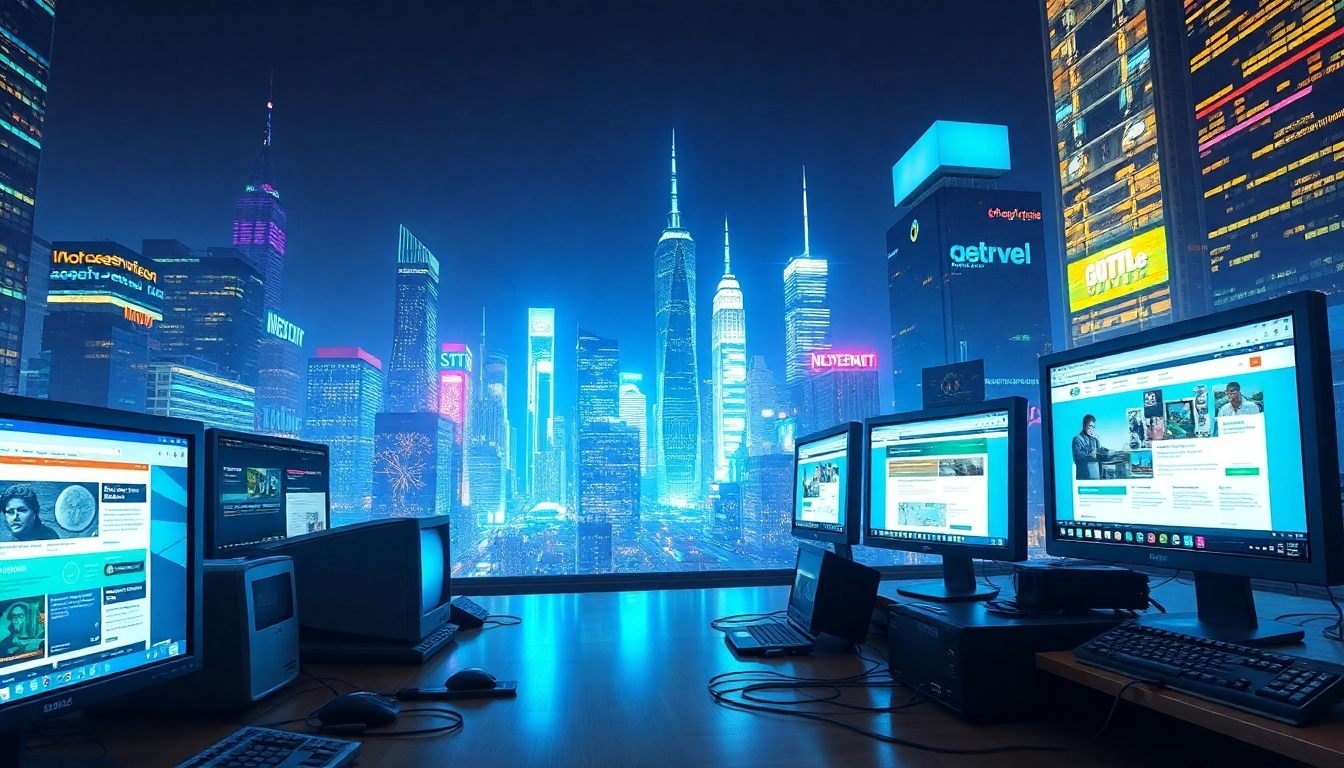 Visual representation of internet history milestones on digital screens, showcasing technology evolution.