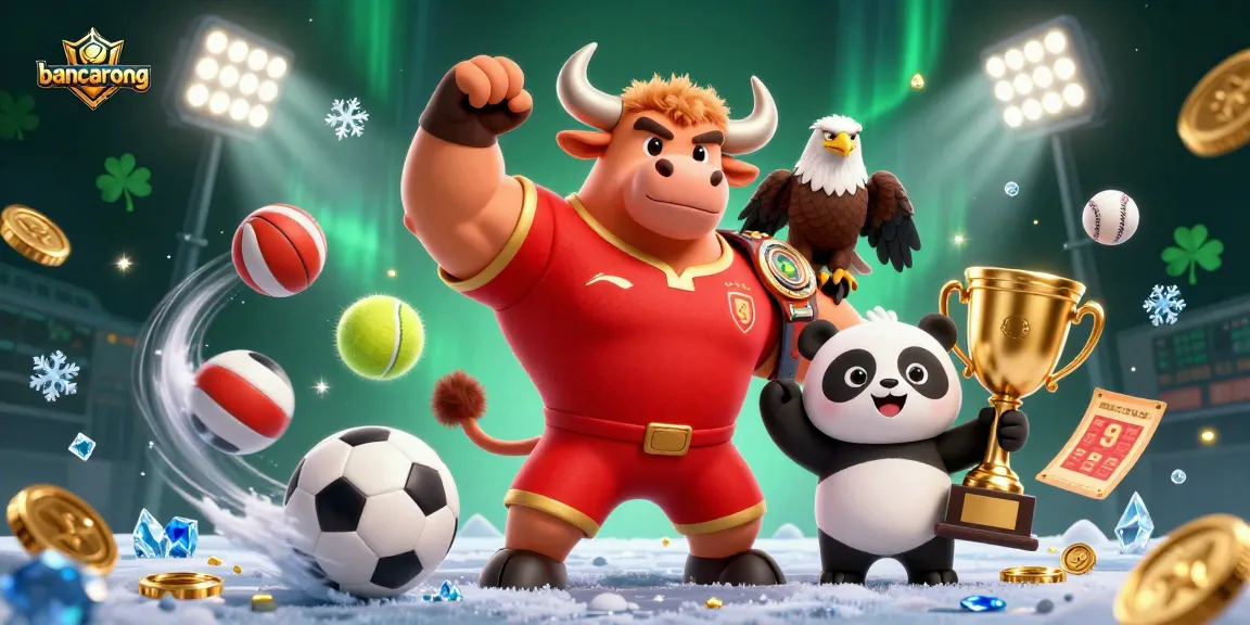Bancarong champions betting with a bull, eagle, and panda celebrating wins in a vibrant casino scene.