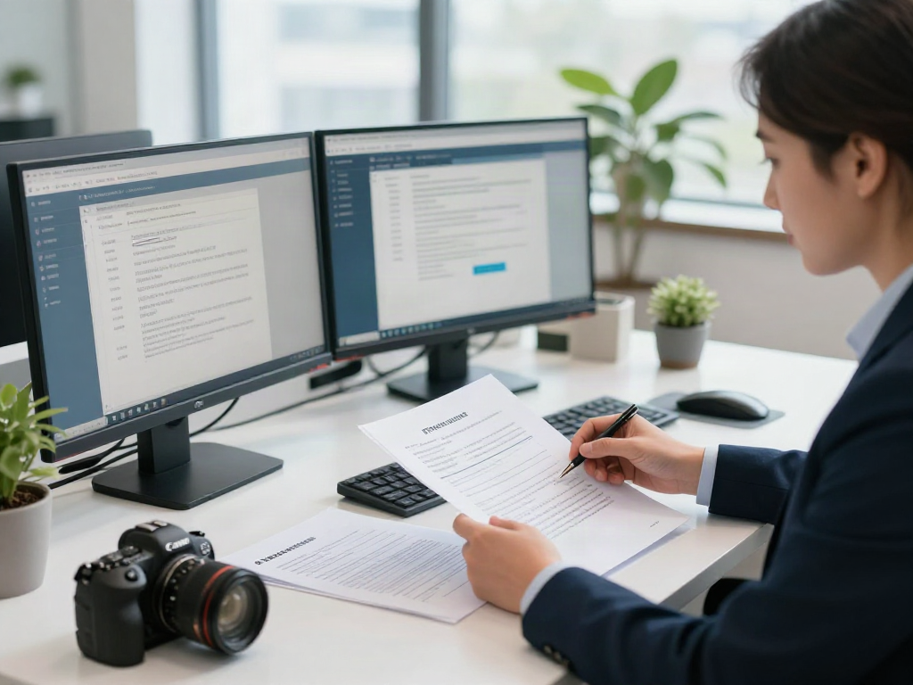 Compliance officer using document fraud detection solution at modern office desk with multiple monitors.