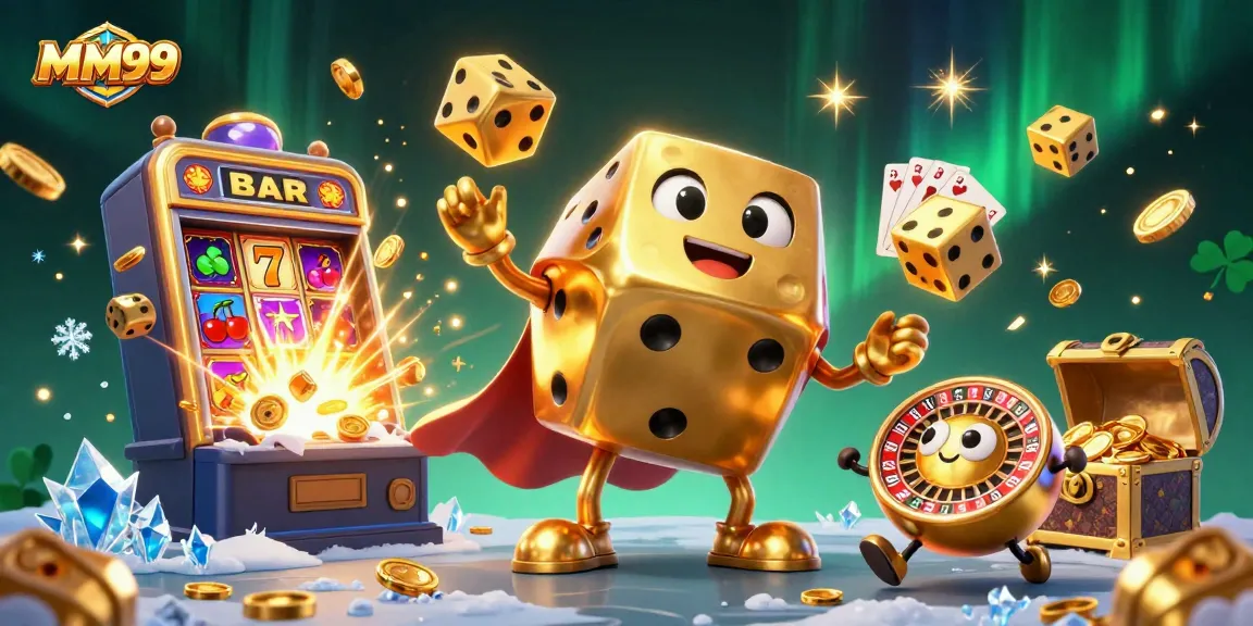 Experience excitement at MM99 with a 3D illustration of a golden dice golem and jackpot elements.