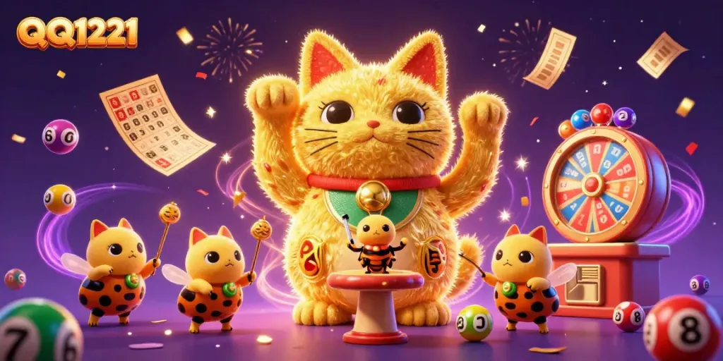 Experience thrilling gameplay with QQ1221 in this lively casino illustration featuring vibrant symbols and festive elements.