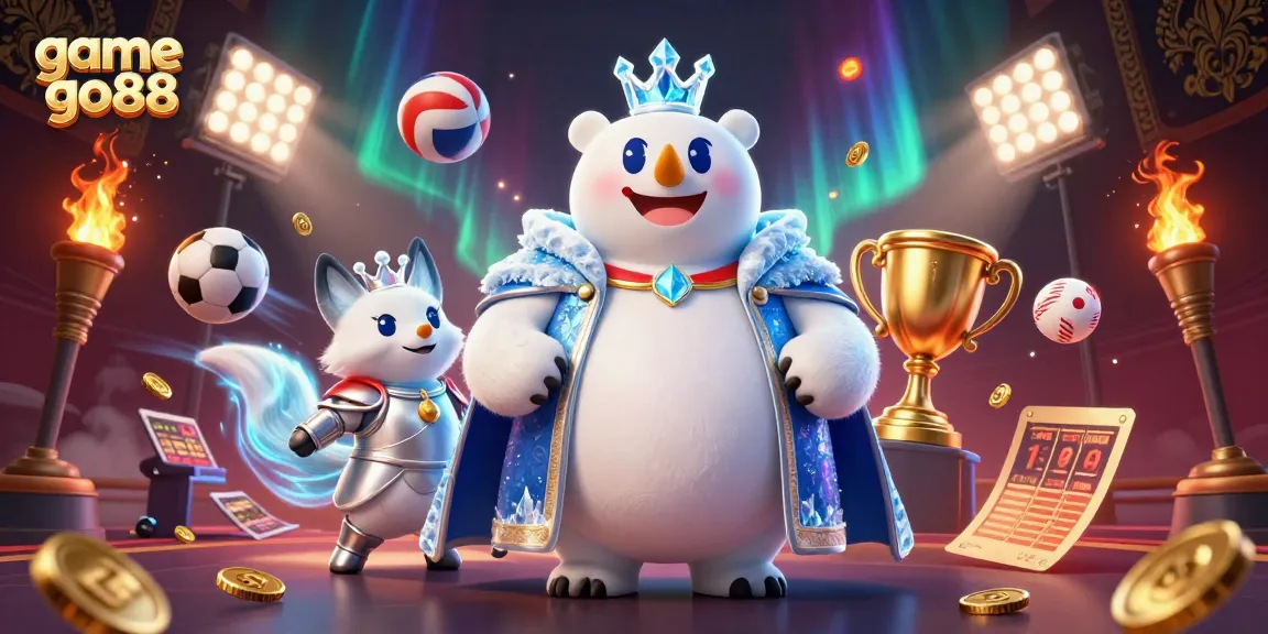 Engage with game go88 through a vibrant 3D scene of an ice king polar bear and snow fox in a casino setting.