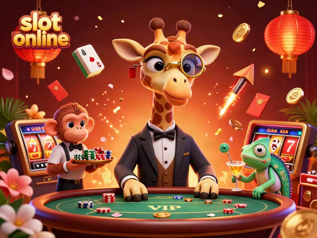 Engage in slot online action with a high-roller giraffe, monkey valet, and chameleon bartender in a vibrant casino.