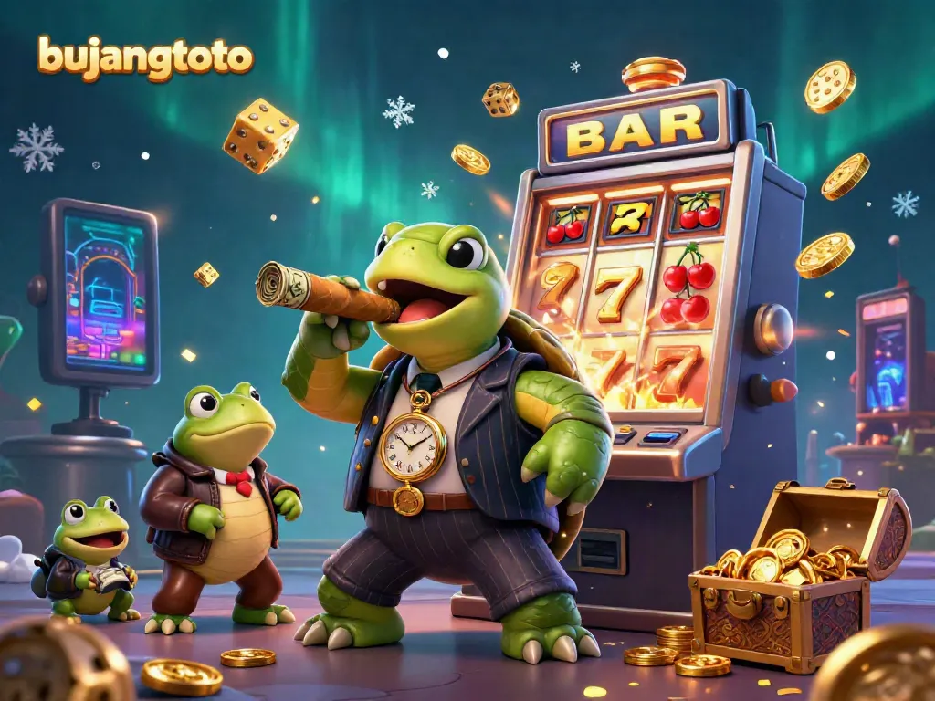 Experience the thrilling energy of bujangtoto with a vibrant casino scene featuring a cartoon turtle, slot machine action, and jackpot excitement.