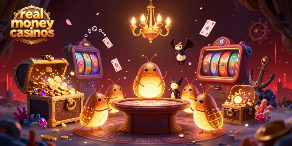 Experience the thrill of real money casinos with bioluminescent glowworms lighting up a colorful underwater casino.