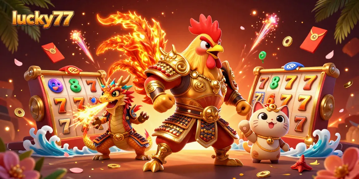 Spin to win with lucky77 - dynamic illustration of an empowered rooster warrior and dragon hatchling.