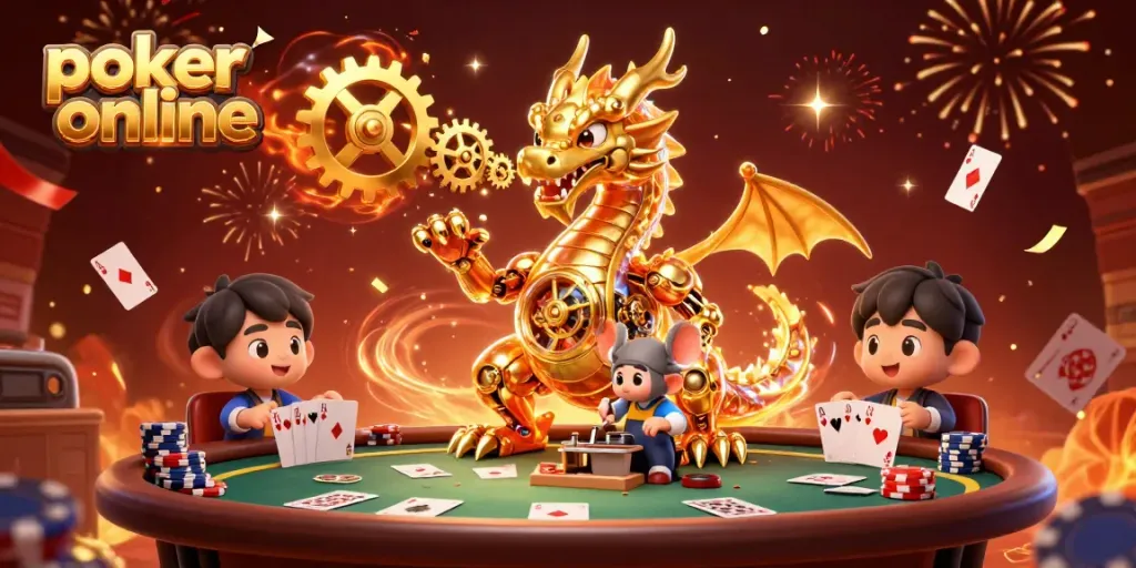 Experience thrilling poker online action with a dynamic 3D illustration featuring a golden dragon and poker elements.