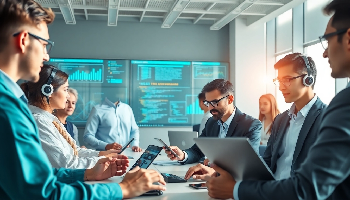 AI agents collaborating in a modern office, showcasing digital interfaces and teamwork.