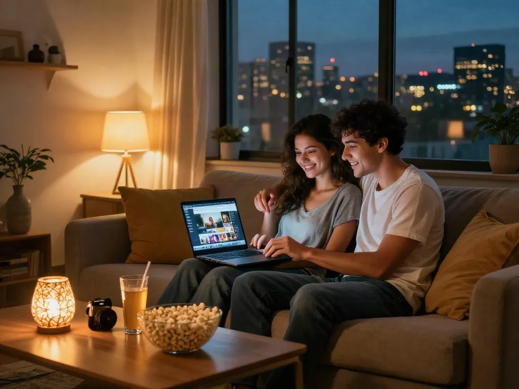 Ari Kytsya porn viewing experience with a couple on a cozy sofa and laptop, warm inviting atmosphere.