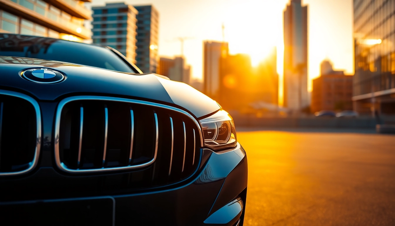 Luxury BMW car parked elegantly against a modern cityscape backdrop, showcasing its sleek design.