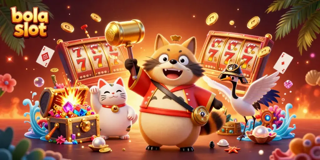 Bola slot gameplay featuring cheerful tanuki and lucky symbols in a vibrant, dynamic casino scene.