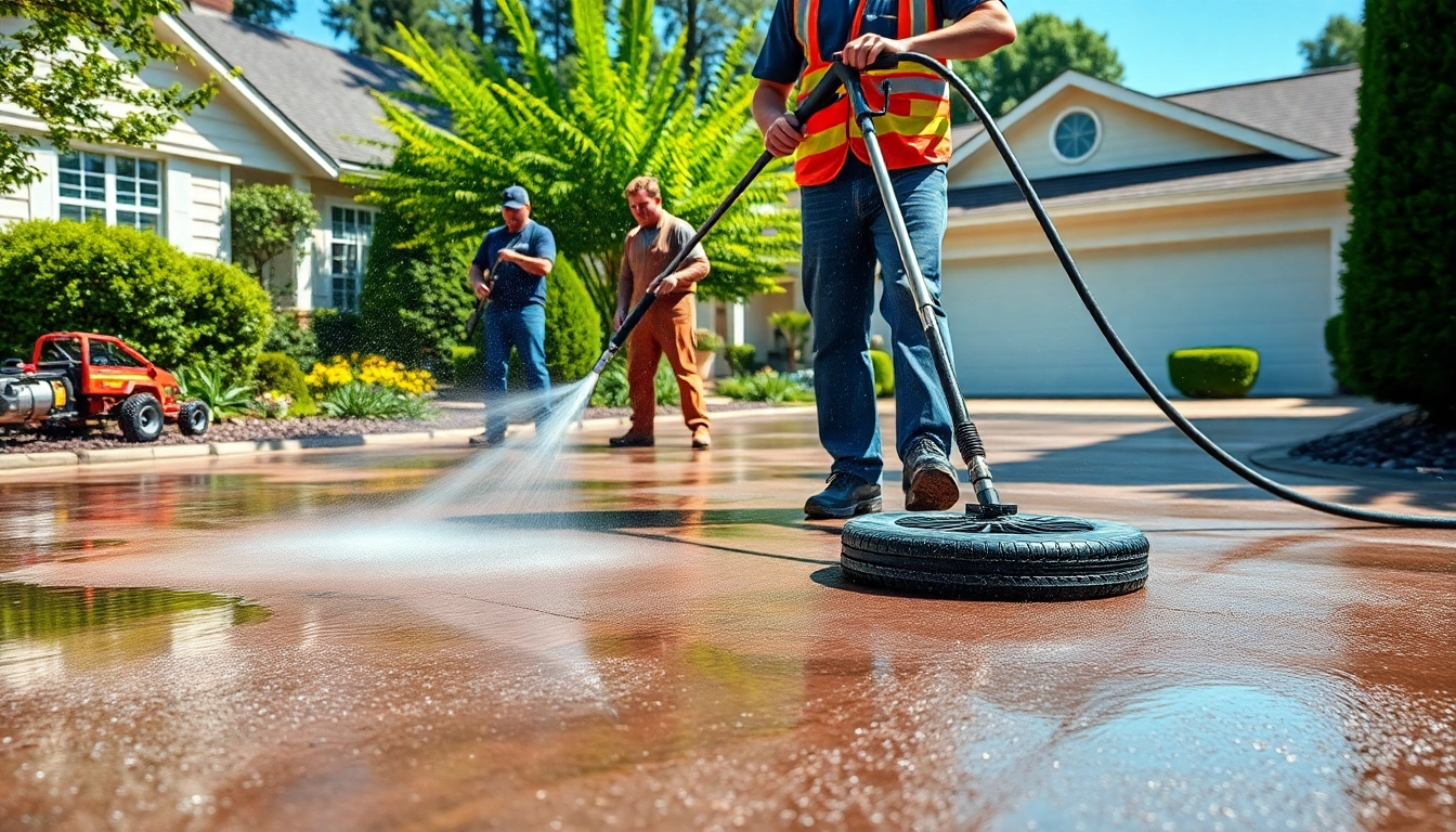 Driveway cleaning in progress showcasing professionals removing dirt and stains from pavement.