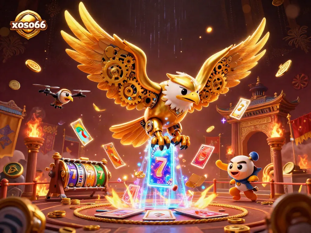 xoso66 showcases a 3D cybernetic eagle amidst vibrant casino elements and holographic cards.
