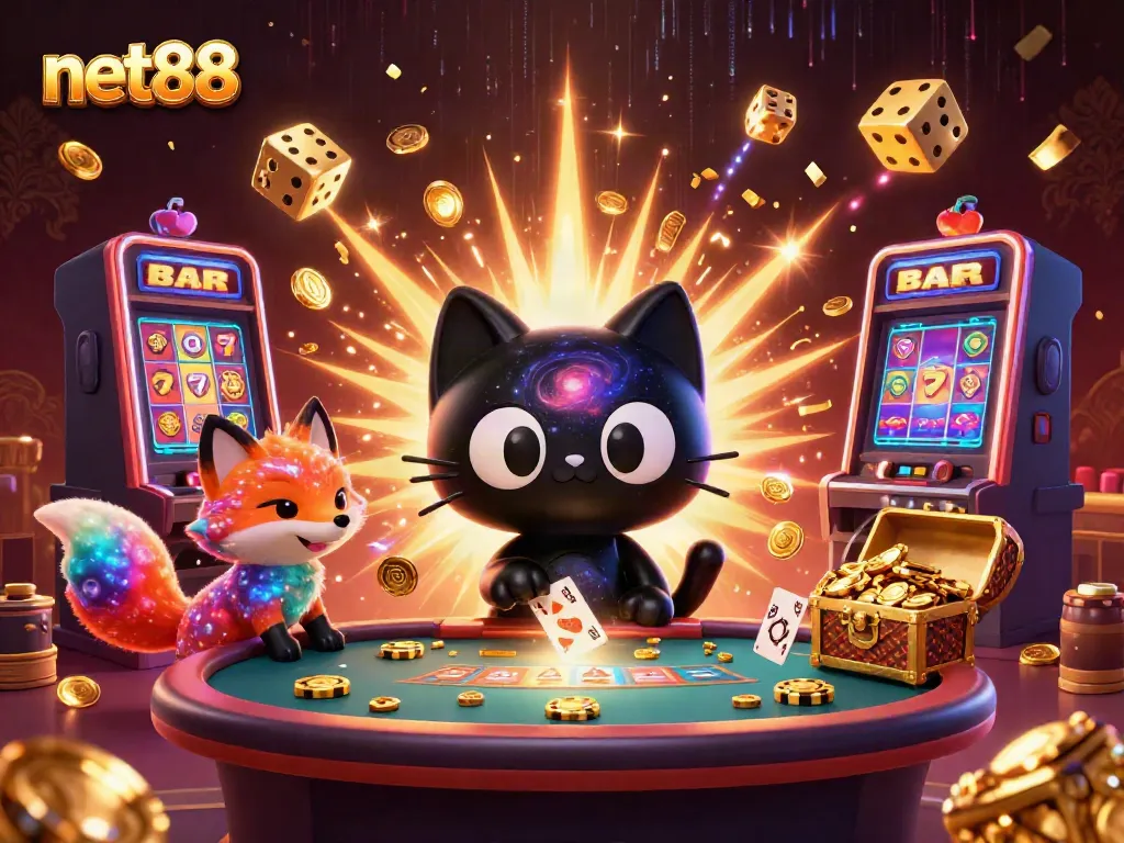 Experience net88's exciting gaming universe with a cosmic casino scene filled with vibrant elements.
