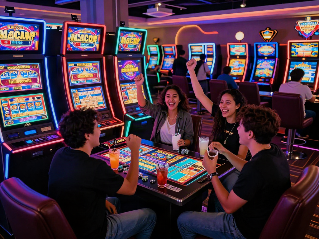 Friends celebrating around glowing slot gacor malam ini machines in a vibrant casino lounge