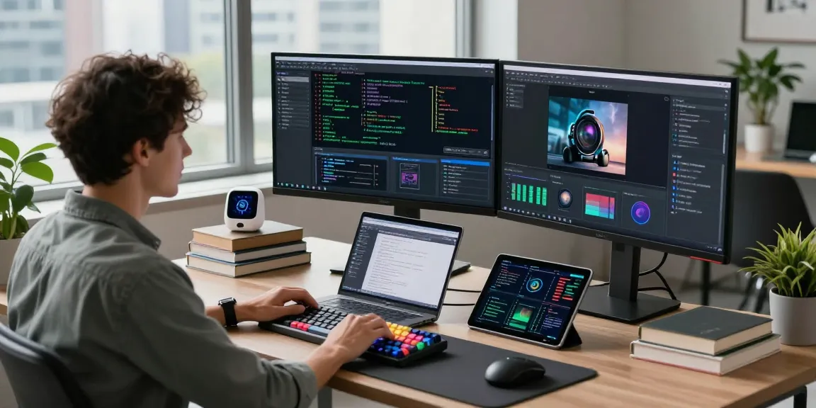 AI Image Detector software in action on multiple screens in a modern workspace.