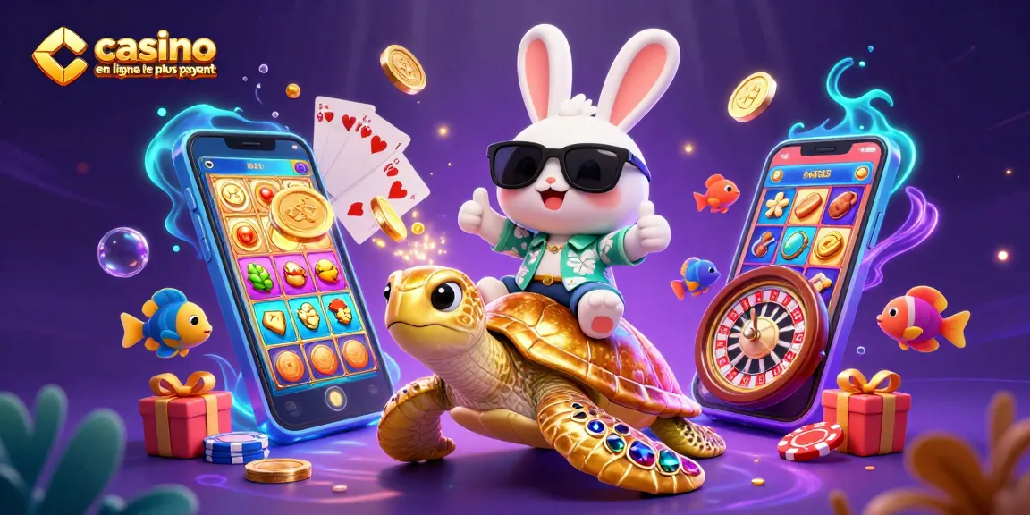 Illustration captivante du casino en ligne le plus payant avec un lapin chanceux et une tortue dorée entourés de jeux de casino.
