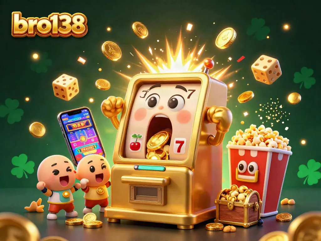 Spin and win big with bro138's exciting slots illustration, filled with jackpots and action!