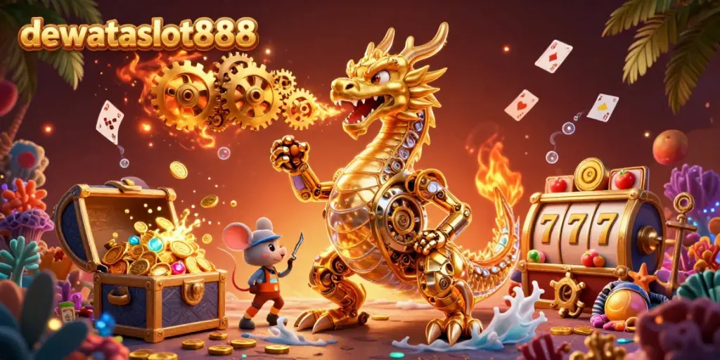 Melihat keajaiban dewataslot888 dengan naga emas mekanik di tengah harta karun slot yang meledak.