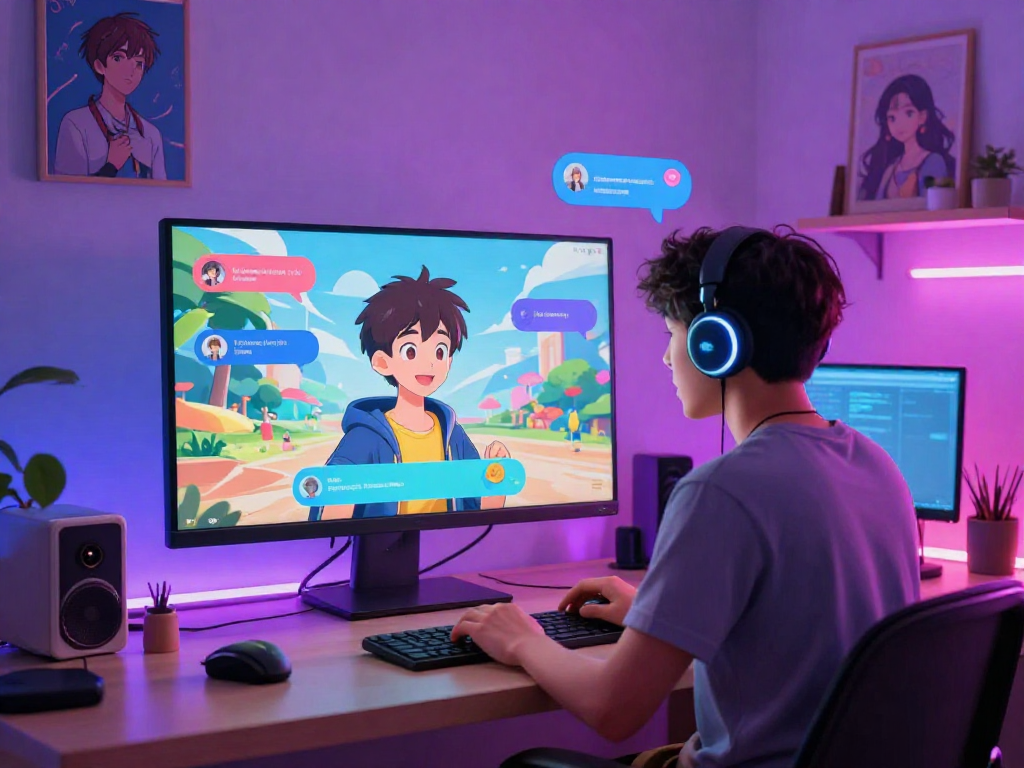 Engaging character in an AI hentai chat, vibrant digital art scene with interactive elements.