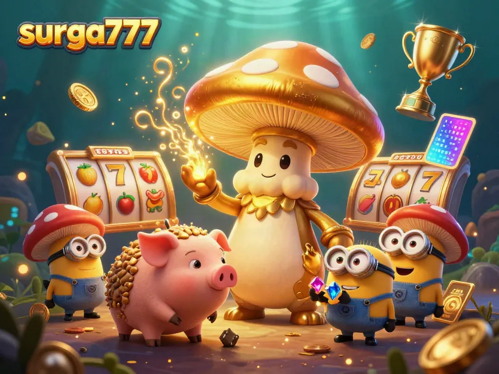 Experience thrilling gameplay with Surga777, featuring a vibrant illustration of a magical casino scene with slot machines and treasures.
