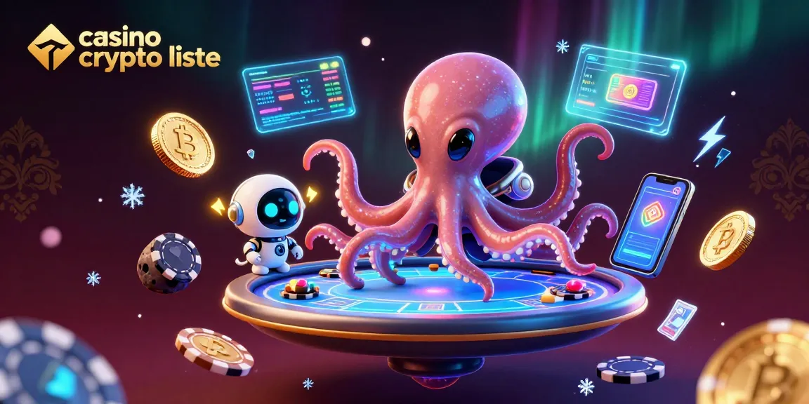 Jouer sur une liste de casinos crypto au milieu d'une scène galactique avec un pieuvre et un robot.