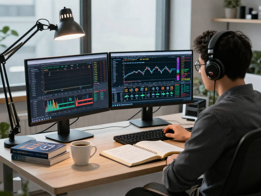 使用 metatrader 5 进行交易分析的专业交易员在现代化办公室的工作区内聚焦于屏幕，展现实时市场数据与图表。