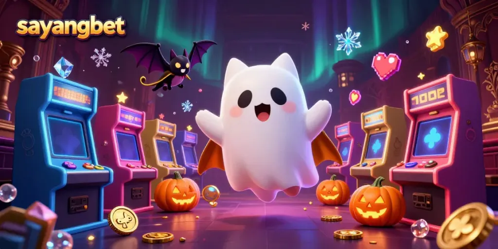 Play exciting games at sayangbet with a ghost cat and vampire bat surrounded by casino elements.