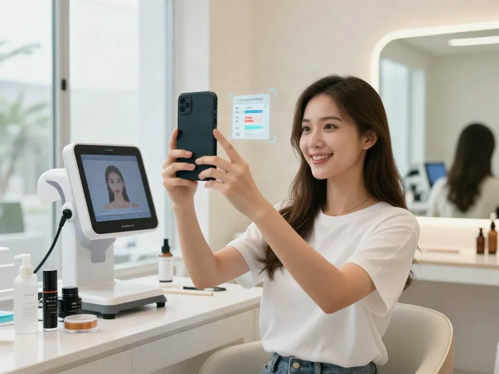 Alternatives to QOVES in a modern skincare analysis studio with a woman using a smartphone.