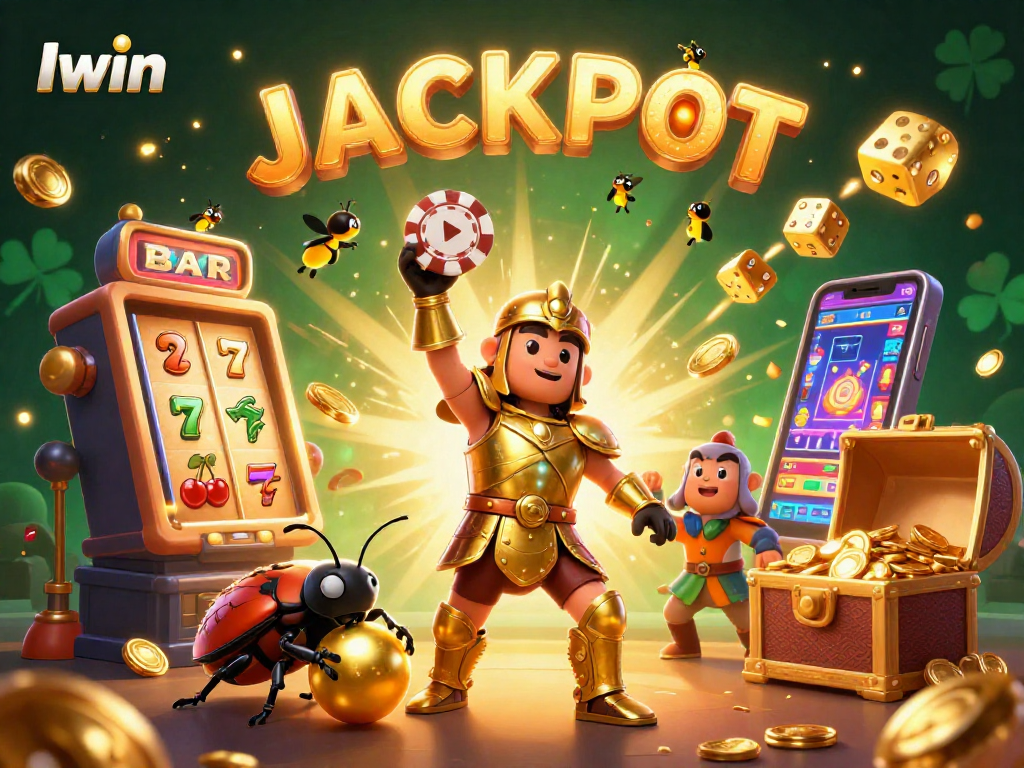Iwin slot game victory scene with cartoon beetles and jackpot elements for engaging gambling imagery.