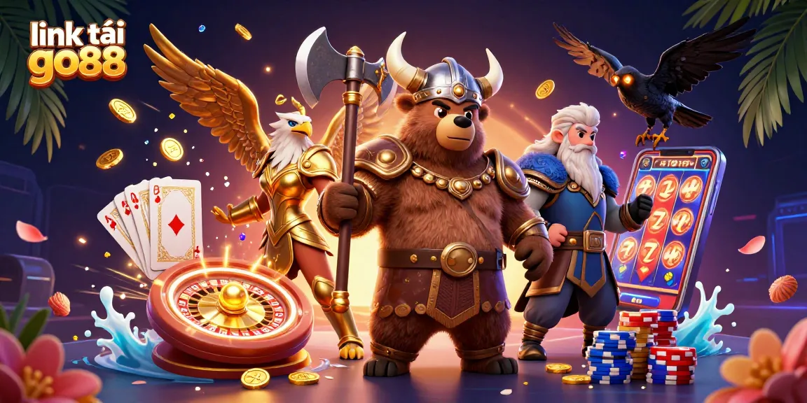 Experience exciting gameplay with link tải go88 as the Viking bear and Valkyrie eagle defend treasures in a rich casino scene.