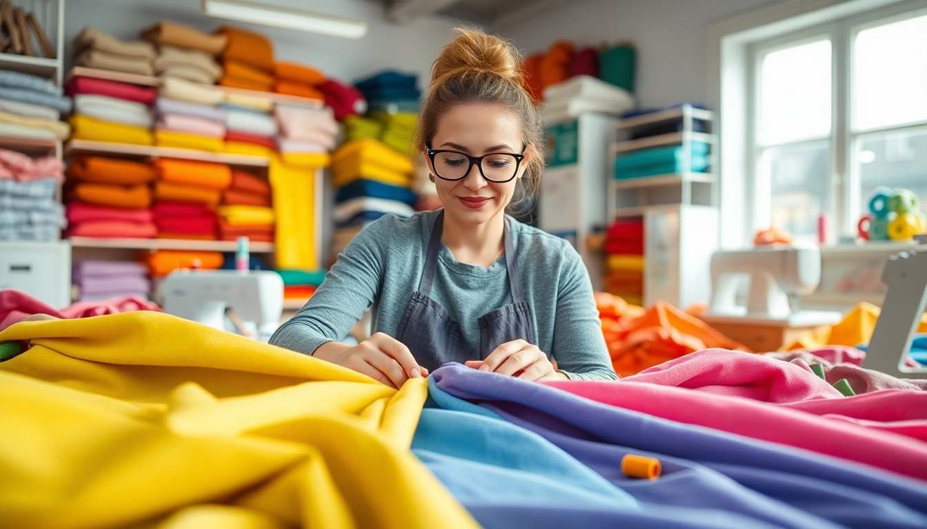 Jogging stoffen in verschillende kleuren en texturen in een naaiatelier, ideaal voor creatieve projecten.
