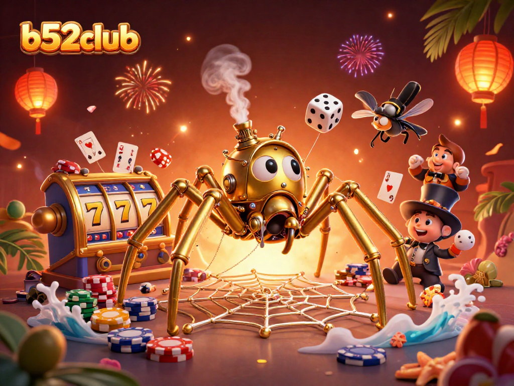 Experience thrilling luck with b52club's steampunk spider and festive casino vibes in dynamic play.