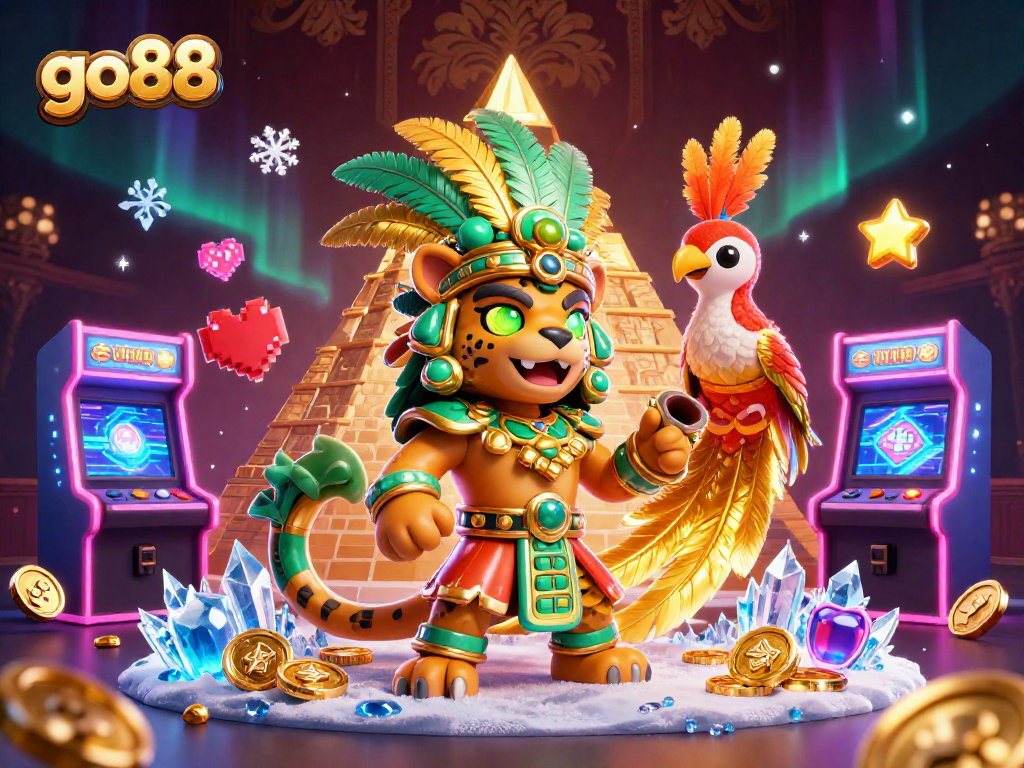 Enhance your go88 gaming experience with vibrant Mayan themes and arcade elements in a dazzling 3D illustration