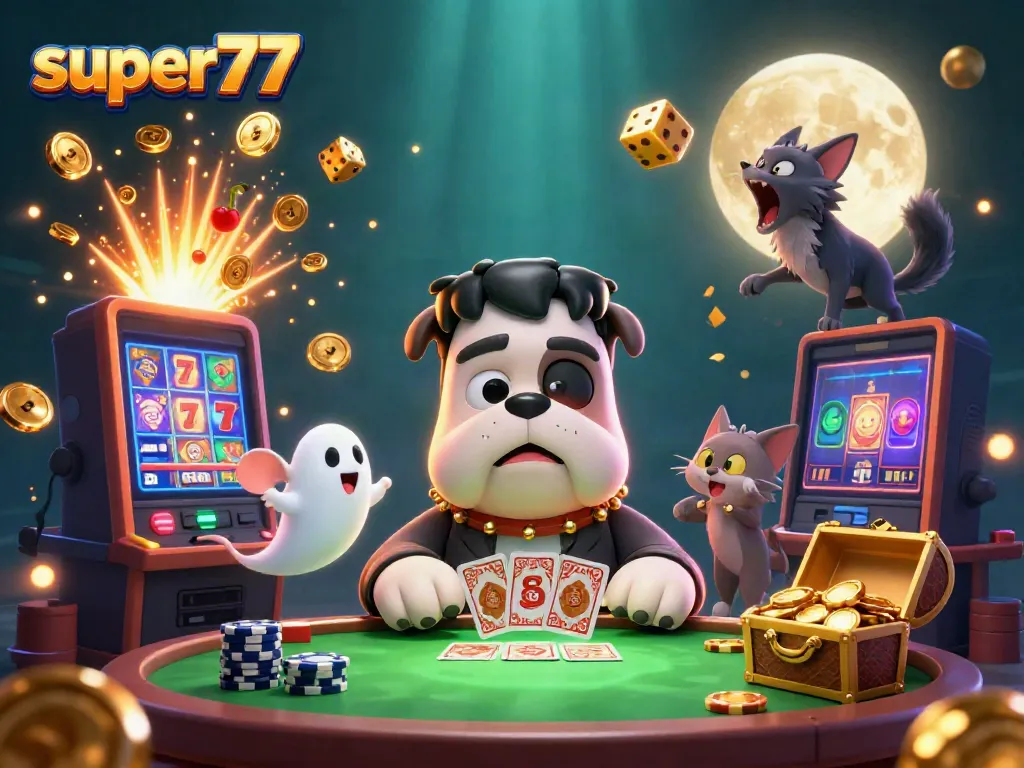 Experience thrilling wins at Super77, where a cartoon bulldog dealer, ghost mouse, and werewolf kitten bring the excitement alive.