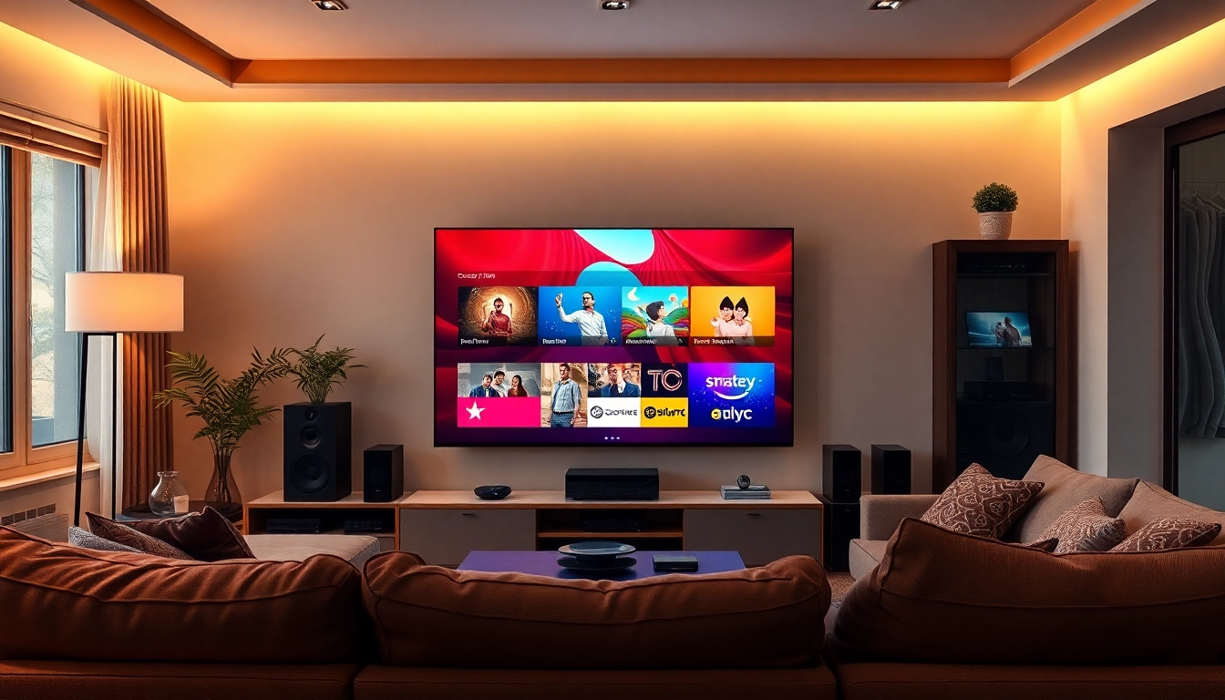 Experience free trial iptv in a cozy living room setup with vibrant channels displayed on a large screen.
