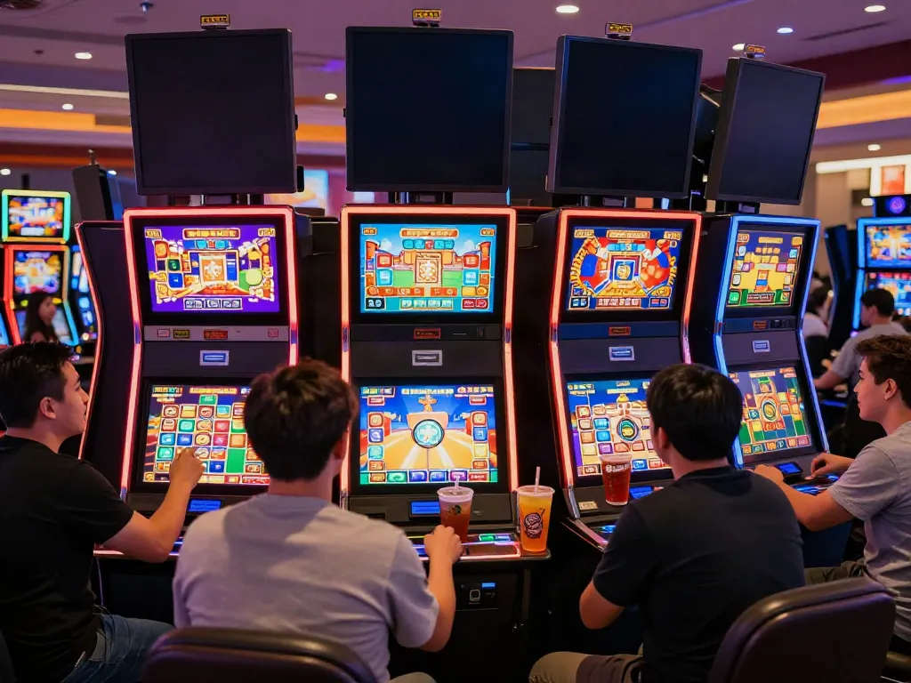 Slot777 - pemain bersemangat bermain mesin slot di kasino dengan lampu neon dan suasana meriah.