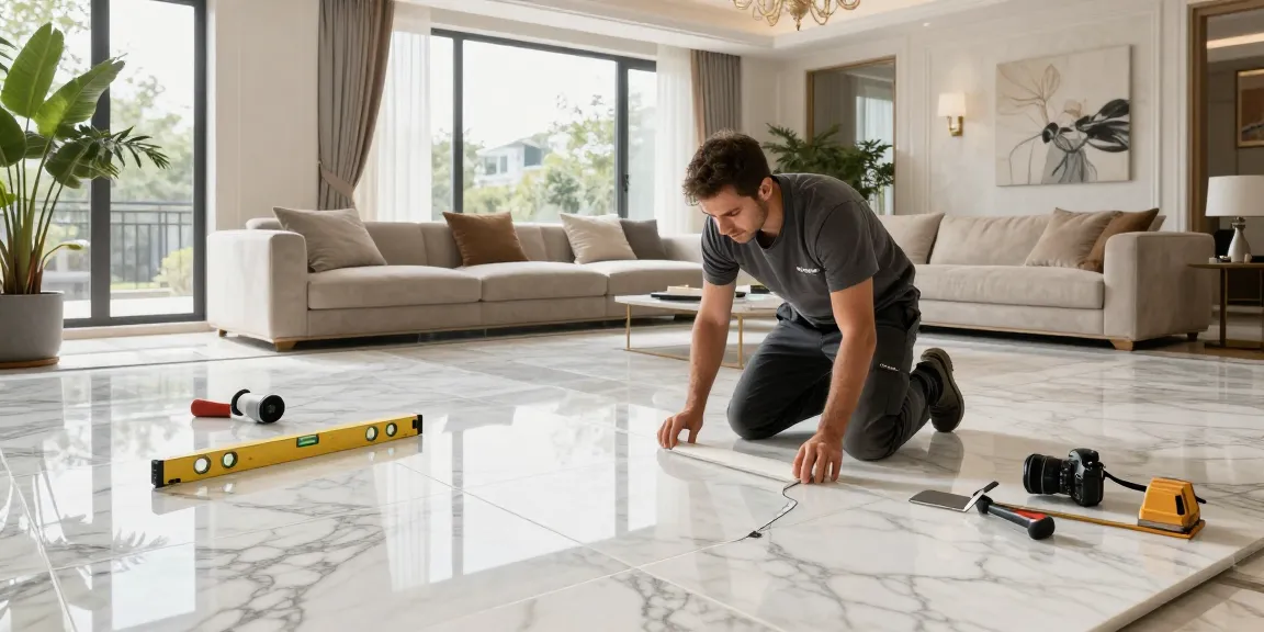 NAGA2000 technician expertly installing premium marble flooring in an elegant living room with natural light.