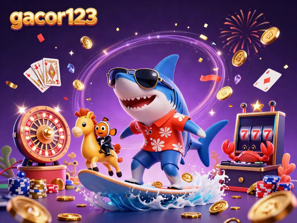 Experience excitement with gacor123 featuring a shark and clownfish amidst casino elements.