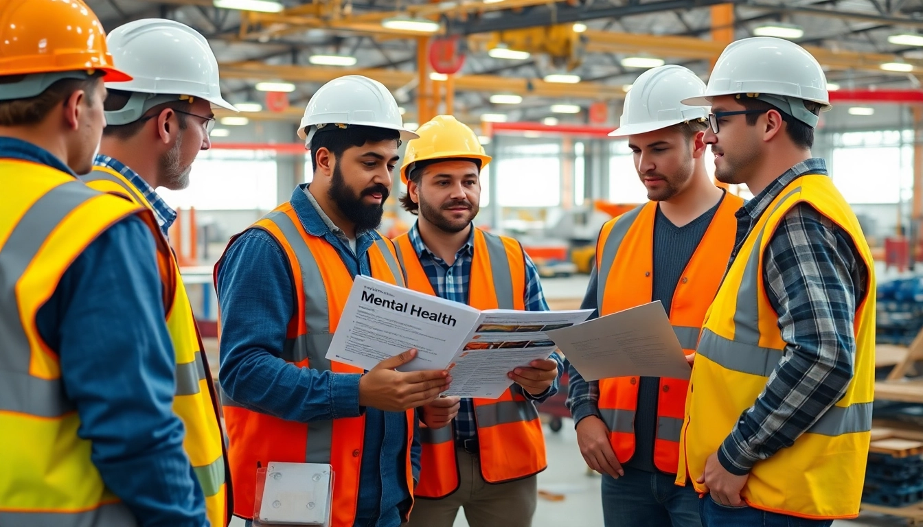 Construction mental health Colorado: Workers collaborating on mental health strategies on a construction site.