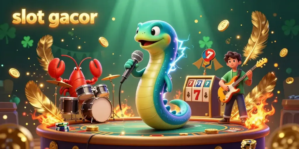 Experience the thrill of slot gacor gameplay surrounded by vibrant casino scenes in a captivating illustration.