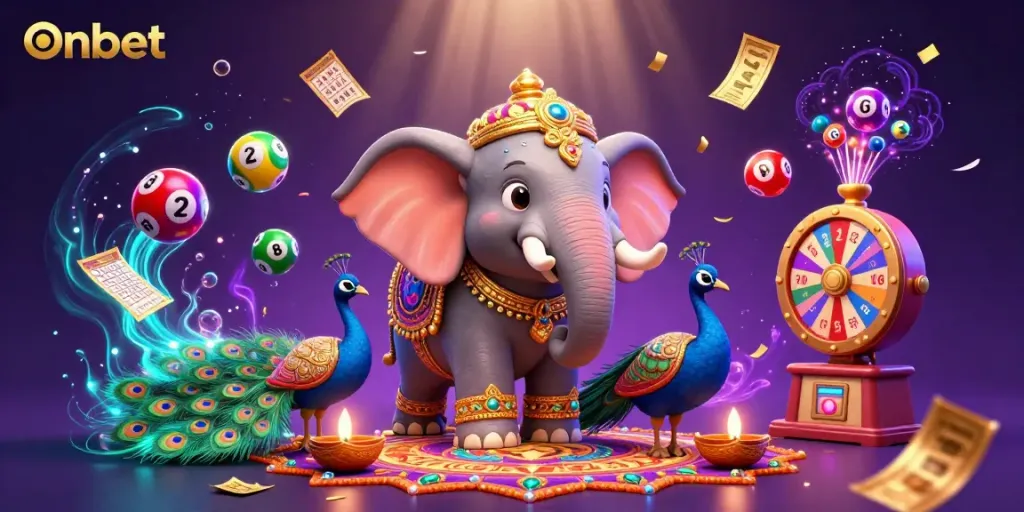 Win big with Onbet in this vibrant, festive casino illustration full of games and energy.